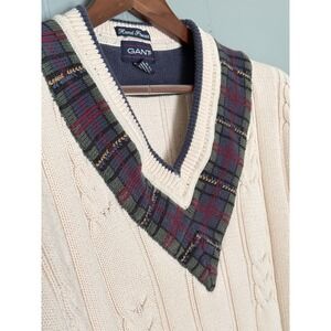 Gant Mens XL Vtg VNeck Cable Knit Sweater Plaid Trim Hand Framed 90s Tennis Prep